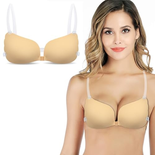 DiiWmme Sticky Backless Push Up Bra 1 Pack, Reusable Invisible Self Adhesive Bra for Women, Strapless Bra with Removable Clear Straps, Perfect for Wedding Backless Dresses Everyday Wear (Skin)