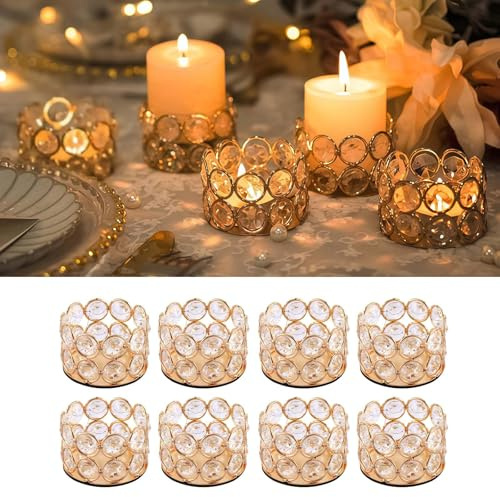 WIKIMO Teelichthalter 8er Set Gold, Kleine Teelichtgläser mit Kristall-Optik, Kerzenhalter 6 x 4 cm für Tischdeko, Hochzeit, Geburtstag, Party, Weihnachten und Advent