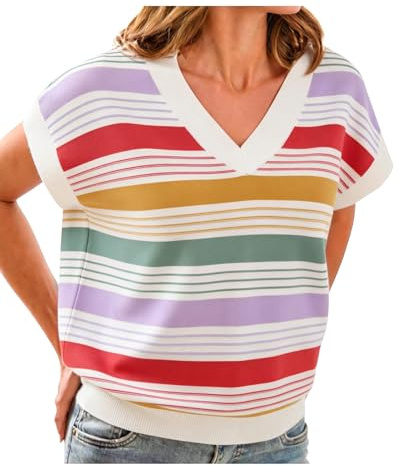 IEEILULU Maglione da Donna con Maniche a Cappuccio, Scollo a V, a Righe, a Blocchi di Colore, Casual, Multicolore, M