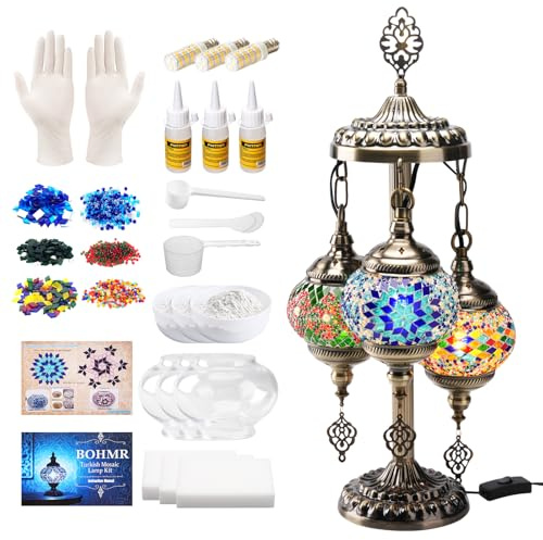 BOHMR DIY 3 Globe Turkish Mosaic Lamp Kit, 23H Stained Glass Table Lamp Making Kit-Easy & Fun, No Experience Needed, Mosaic Art & Craft Project Kits for Adults & Teens, Make Your Own Lamp,Multicolor