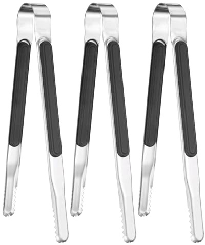 M METERXITY 3-Pack Grill Tongs, 8.8 Inch Non-Slip 410 Stainless Steel Locking Tongs for Cooking/Buffet/Outdoor Barbecue, Korean BBQ Tweezers Metal Clamp Tool [Black]