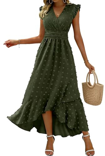 KUNJLELP Robe Femme Chic et Elegant Col V Manches Courtes Robe D'été Taille Haute Élastique Robe de Plage Vacances Fête Mariage Aniversaire