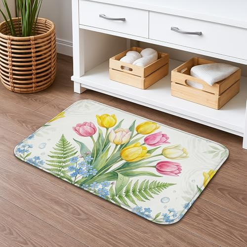 Badematte, florales Vintage-Design, schnell trocknend, gelbe Tulpen und Farne, saugfähig, rutschfest, Frühlingsdekorativ, waschbar, Badteppiche für Badezimmer, WC, 50,8 x 81,3 cm