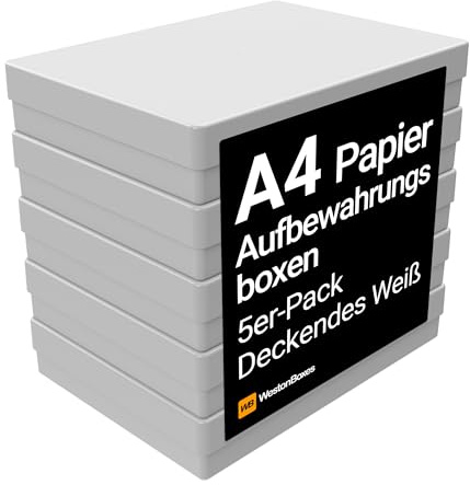 WestonBoxes A4 Aufbewahrungsbox ROBUST Blickdicht Weiß, Stoßfest | Blickdicht weiß, stoßfestes PP5 | 500 Blatt A4 | 304x216x55mm innen | Stapelbar bis 5 hoch | Hergestellt in Großbritannien