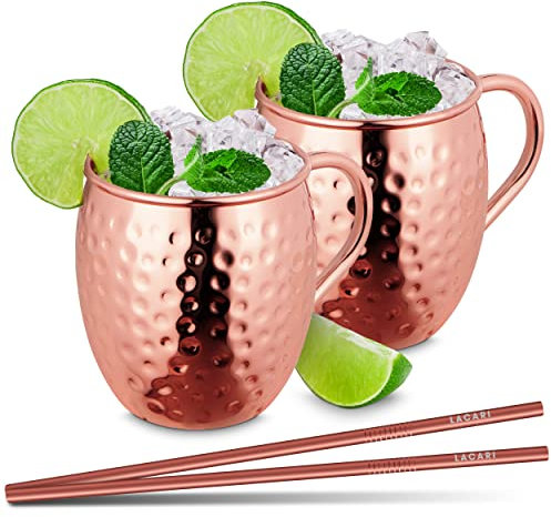 Moscow Mule Tazas | Copas gin tonic | Lacari ORIGINAL Copas de cóctel 470ml | Set con dos tazas de cobre y dos pajitas | Taza de cobre Moscow Mule | Con e-book sobre Moscow Mule