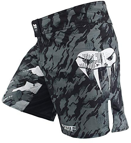 SOTF MMA Boxing Fight Shorts Mens Stretch Sports Training Shorts, Gray With Pocket, L for waist 36-37inch