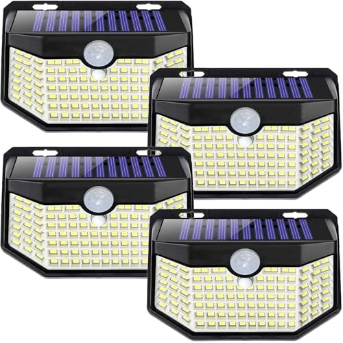 HMCITY Solar Lights Outdoor 120 LED 3 Lighting Modes,Motion Sensor Wall Lights, IP65 Waterproof Solar Powered Wall Lights for Garden Deck Lights (Front Button 4Packs, Black Shell-Daylight White)