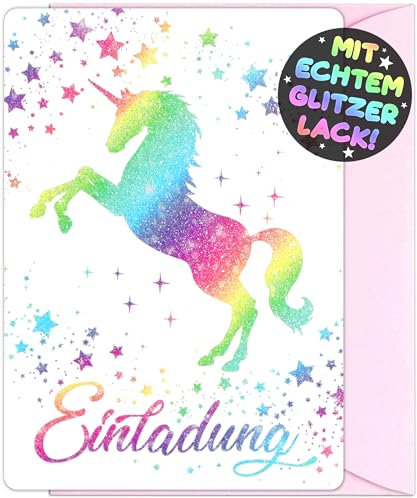 12x GLITZER Einhorn EINLADUNGSKARTEN KINDERGEBURTSTAG Mädchen Junge + 12x Umschläge - die Regenbogen PARTY Karten sind die Einhorn EINLADUNG für Mädchen Kinder GEBURTSTAG Einladung Pferde UNICORN