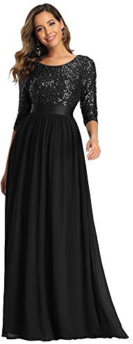 Ever-Pretty Vestiti da Sera e Cerimonia Donna Linea ad A Elegante Manica 3/4 con Paillettes Abiti da Damigella Chiffon Stile Impero Nero 44