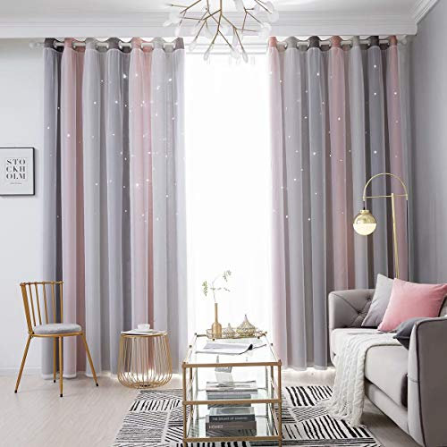 YEENUEER Vorhang Blickdicht Vorhang Kinderzimmer Junge Mädchen mit Sternen 100% Polyester Bunte Doppelschicht Fenstervorhänge für Schlafzimmer Wohnzimmer,Grau Rosa 2 Stücke