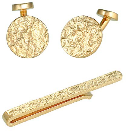 Kuzzoi Gemelli da uomo con design e fermacravatta in stile martellato, set di accessori da uomo in argento sterling 925 placcato oro, elegante regalo per matrimonio e compleanno, argento sterling 925