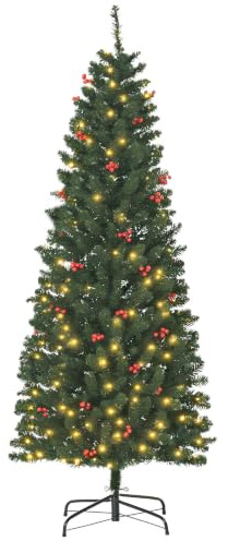 HOMCOM 6FT Prelit Artificial Pencil Christmas Tree with Red Berry Green | Warm White LED Light, Holiday Home Xmas Decoration