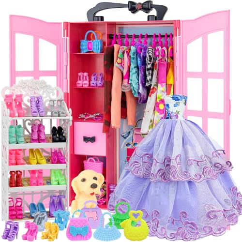 Ecore Fun 120 Pcs Fashion Doll Closet Wardrobe for Clothes and Accessories Storage Include Clothes, Dresses, Shoes, Shoes Rack, Bags, Necklace, Hangers for 11.5 Inch Girl Doll Clothes