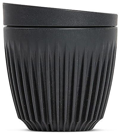 HUSKEE Coffee Cups with Lids - Reusable Coffee Cup with Unique Fins for Espresso, Cappuccino, Americano, Mocha - Insulated & Portable Latte Cups Made with Repurposed Coffee Husks (Charcoal, 6oz)