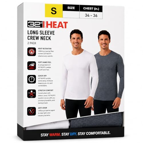 32 Degrees Men's 2-Pack Performance Lightweight Thermal Baselayer Crewneck Top, White/Charcoal Heather, Medium