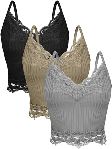 Bencailor Spetslinnen för kvinnor, camisole, spets, lappverk, croppad, toppar, grungestil, ribbstickad, stickade plagg, 3 st., Y2k, M