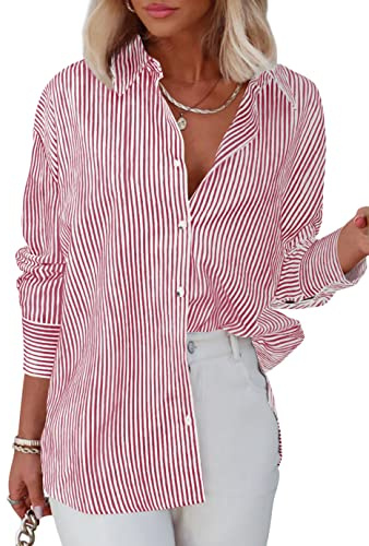 Homlan Blusa de Manga Larga para Mujer, a Rayas, Informal, Cuello en V, Camisa de Trabajo, Holgada, con Botones