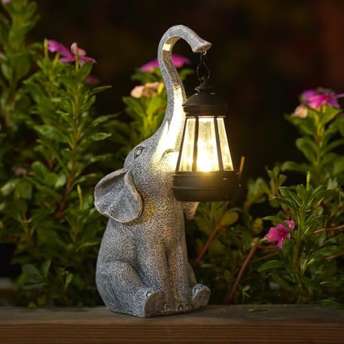 Fashionoda Statues de jardin éléphant avec lanterne solaire - Figurines décoratives pour terrasse, cour, pelouse, cadeaux pour anniversaire, maman, pendaison de crémaillère (gris)