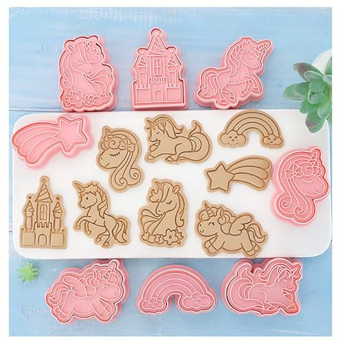 8X Unicorn Cookie Pressing Cutter Embossing Mold, Kids Cartoon Rainbow Castle Cookies Biscuit Stamps Fondant Press Cutters Mould Printing Clay DIY Baking Tool Cake Pastry Decor