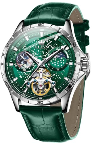 OLEVS Mens Automatic Watches Starry Sky Skeleton Tourbillon Self Winding Mechanical Luminous Green Leather Luxury Dress Wrist Watch Gifts