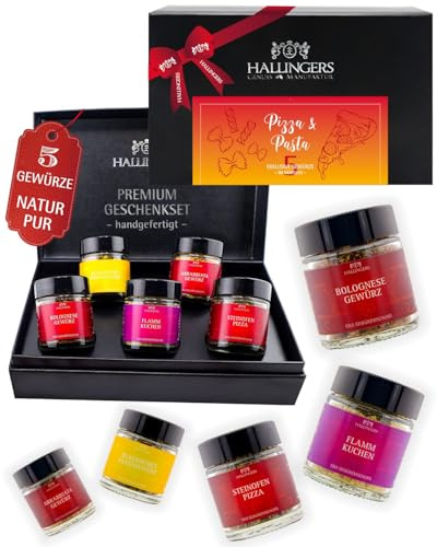 Hallingers Genuss Manufaktur Gewürz Geschenk-Set - 5 Gewürze aus aller Welt in wertiger Geschenkbox mit Rezept-Booklet Pizza & Pasta, Geschenkidee für Frauen Männer