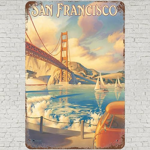CHARLLR Vintage Metal Tin Sign 8x12, San Francisco Golden Gate Bridge Wall Art Decor, Travel Iron Plate Home House Kitchen Poster for Home Living Room Bedroom Kitchen Garden Garage Cafe Bar Pub