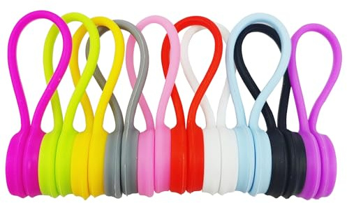 Buaak 10 Pcs Magnetic Cable Ties, Multicolor Reusable Magnetic Cable Organisers, Silicone Cable Ties for Organizing, Cable Tie Holder for Bundling Cable, Cords and Wires