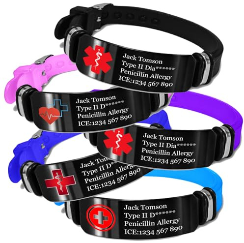 Braccialetti di allarme medico personalizzati per uomini e donne | Bracciale testo inciso informazioni mediche, etichetta di emergenza, fascia in silicone regolabile