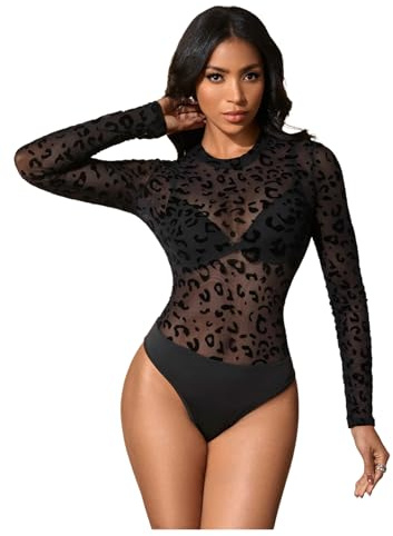 SHENHE Women's Long Sleeve Leopard Print Mesh Sheer Bodysuit Crewneck Thong Top Sexy Club & Date Night Outfit Black Medium