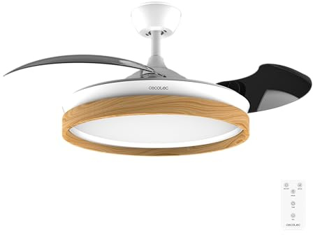 Cecotec Ventilador de Techo con Luz Energysilence Aero 4320 Invisible Wood&White. 35W, 6 Velocidades, Aspas Retráctiles, Mando a Distancia, Temporizador, LED Integrada, Intensidad Lumínica Regulable