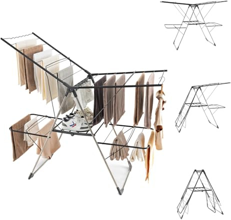 RELAX4LIFE Stendibiancheria Pieghevole, Stendino in Acciaio con 2 Ali Superiori Regolabili in Altezza, 2 Ali Inferiori, Superficie per Asciugare Scarpe, Piedi Antiscivolo (141x58x130cm)