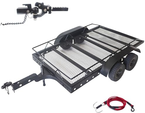 HOPLEX Heavy-Duty Metal RC Trailer 1/10 Scale Trailer with RC Trailer Hook Coupler Receiver and RC Kinetic Winch Strap for RC Crawler TRX4 TRX6 SCX10 Gen7 Gen8 Upgrades