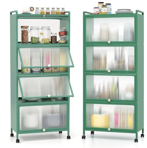 HOMASIS Küchenschrank mit Rollen, 5-stufiges Küchenregal mit Tür, Mikrowellenschrank Standschrank Hochschrank Lagerschrank Aufbewahrungsschrank für Küche, Wohnzimmer, 60x32x154cm (Grün)