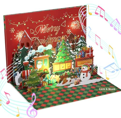 LIHAO Weihnachtskarten mit Umschlag Set mit Musik Weihnachtskarten Pop Up Karten Weihnachten Glückwunschkarte 3D Grußkarte LED Licht Schneemann Zug