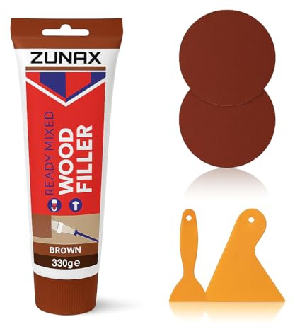 Multipurpose Ready Mixed Wood Filler 330gm Tube with 2 Spreaders and 2 Sandpapers - 5pcs Wood Filler Set - Ideal for Interior and Exterior Hardwood and Furniture Repair(Packaging may vary) (Brown)