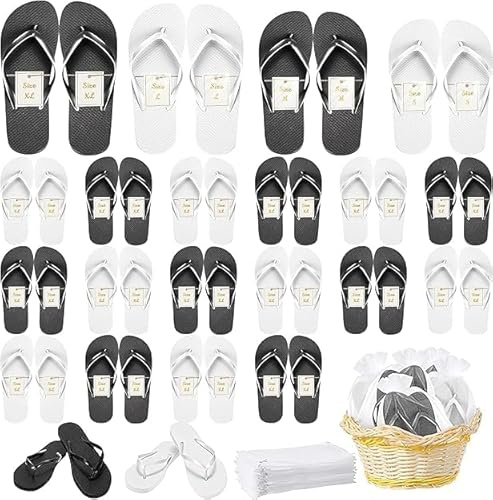 JTKDG 24 Pairs Flip Flops for Wedding Guest, Slippers Hotel Guest Spa Slippers Party Favors Flip Flops with Size Cards & Drawstring Bags for Wedding, Spa, Pool Party, 4 Sizes
