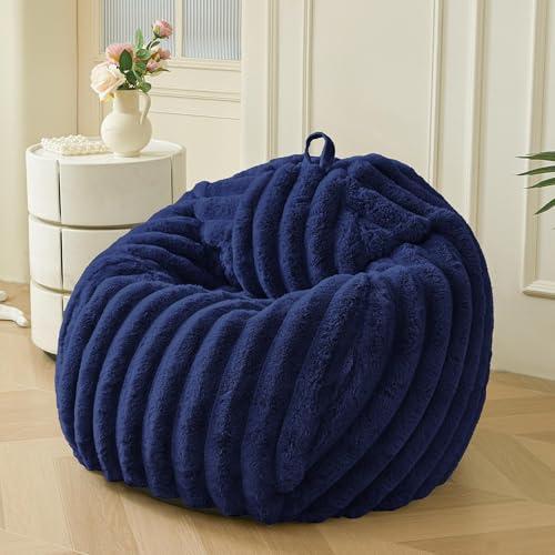 MEGO Kids Fluffy Faux Rabbit Fur Bean Bag Chair Cover(No Filler), Luxury Plush Shaggy Wide Striped Stuffed Animal Storage Bean Bag, Fuzzy Furry Ribbed Beanbag Cover Kids Girls Teens Adults, Navy Blue