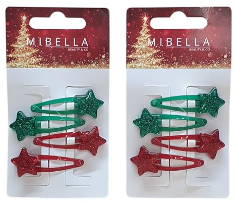 8 Mibella Beauty & Co Glitzer Stern Haarspangen Set, Rot und Grün, Weihnachts-Haarschmuck, 8 Stück Haarclips mit Glitzer, Glamouröser Style für Kinder und Damen - 23674