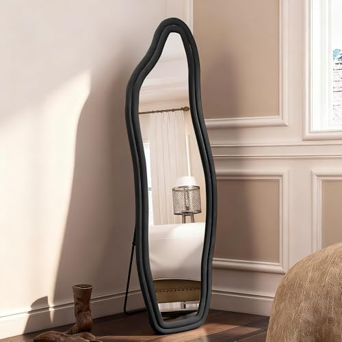 AZJSAHAH Miroir pleine longueur, 160 x 50 cm, miroir sur pied, avec cadre en alliage d'aluminium, ondulé irrégulier, miroir de dressing pour chambre à coucher, salle de bain et salon (noir, 160 x 50