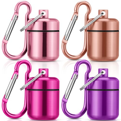Hicarer 4 Pack Ear Plug Carrying Case, Pink, Purple | Waterproof Metal Ear Plug Holder with Keychain, Portable Small Pill Case Container, Jewelry Organizer for Travel or Sports