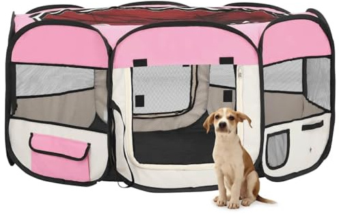 Faltbarer Welpenlaufstall mit Tragetasche Rosa 145x145x61 cm, Stahlrahmen Hundezwinger für Training, Schlafplatz und Spielbereich, leicht und robust mit Maschendach,