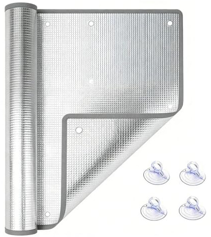 8.0mm Hitzeschutz Fenster Saugnapf, Alufolie Thermo Isolierfolie Silber | Doppelseitige Alu-Sonnenschutzfolie für Dachfenster & Wohnmobil; UV-Schutz, Verdunkelung ohne Bohren(100x120cm)