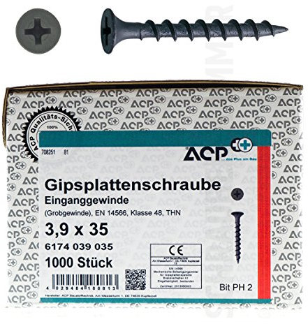 ACP Schnellbauschrauben Grobgewinde 3,9 x 35 mm - 1000 Stück, PH 2, Gipsplattenschraube Einganggewinde, phosphatiert