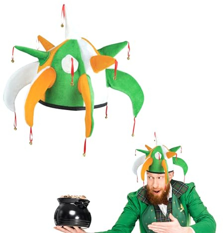 Lizzy 1x Adult Irish Tricolour Jester Hat with Bells | St Patrick's Day Accessories Irish Party Supplies Fancy Dress Costume Accessory Novelty Hat for Men and Women