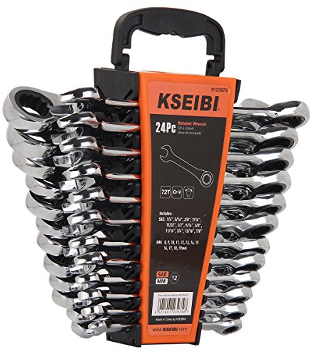 KSEIBI 123975 Ratcheting Wrench Set 24 Piece - Chrome Vanadium Steel Ratchet Combination Spanners Kit with Storage Keeper Rack SAE 1/7-7/8inch & Metric 8-19mm
