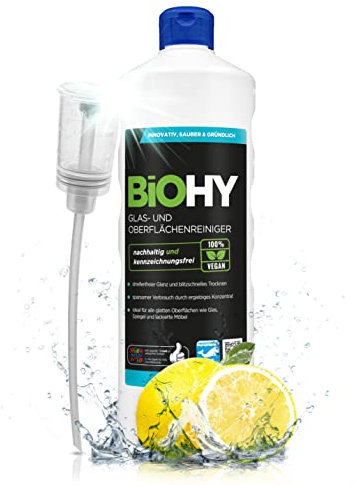 BiOHY Detergente per vetri e superfici (Bottiglia da 1l) + Distributore | Detergente concentrato a base di alcool | Detergente biologico professionale (Oberflächenreiniger)