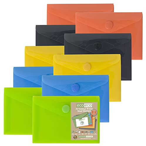 eco-eco A7 50% recycelte Dokumentenmappe mit Druckknopf, 10 Stück, grün, schwarz, blau, gelb, orange, eco077x2