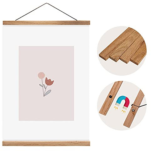 Olgs Holz Bilderrahmen hochwertig aus Eiche für Wandbilder, Poster und Fotos magnetisch DIN A4 | Posterleiste Posterschiene Holzrahmen Bilderleiste Klemmleiste (42cm, Eiche)