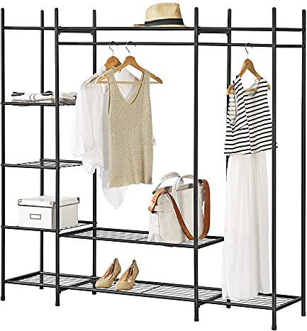 [en.casa] Organizzatore Guardaroba, Scaffalatura con Asta Appendiabiti e 6 Ripiani, Cabina Armadio Senza Ante (AxLaxP) 150 x 150 x 40 cm - Nero, Metallo