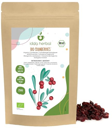 IDDA Herbal Arándanos Rojos Orgánicos Deshidratados 250g, Ligeramente Endulzados con Jugo de Fruta